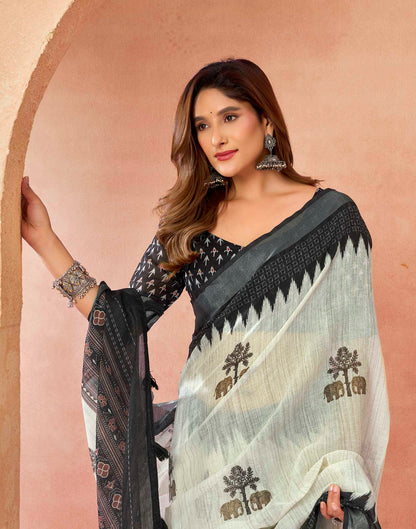 Off White Cotton Printed Printed Saree