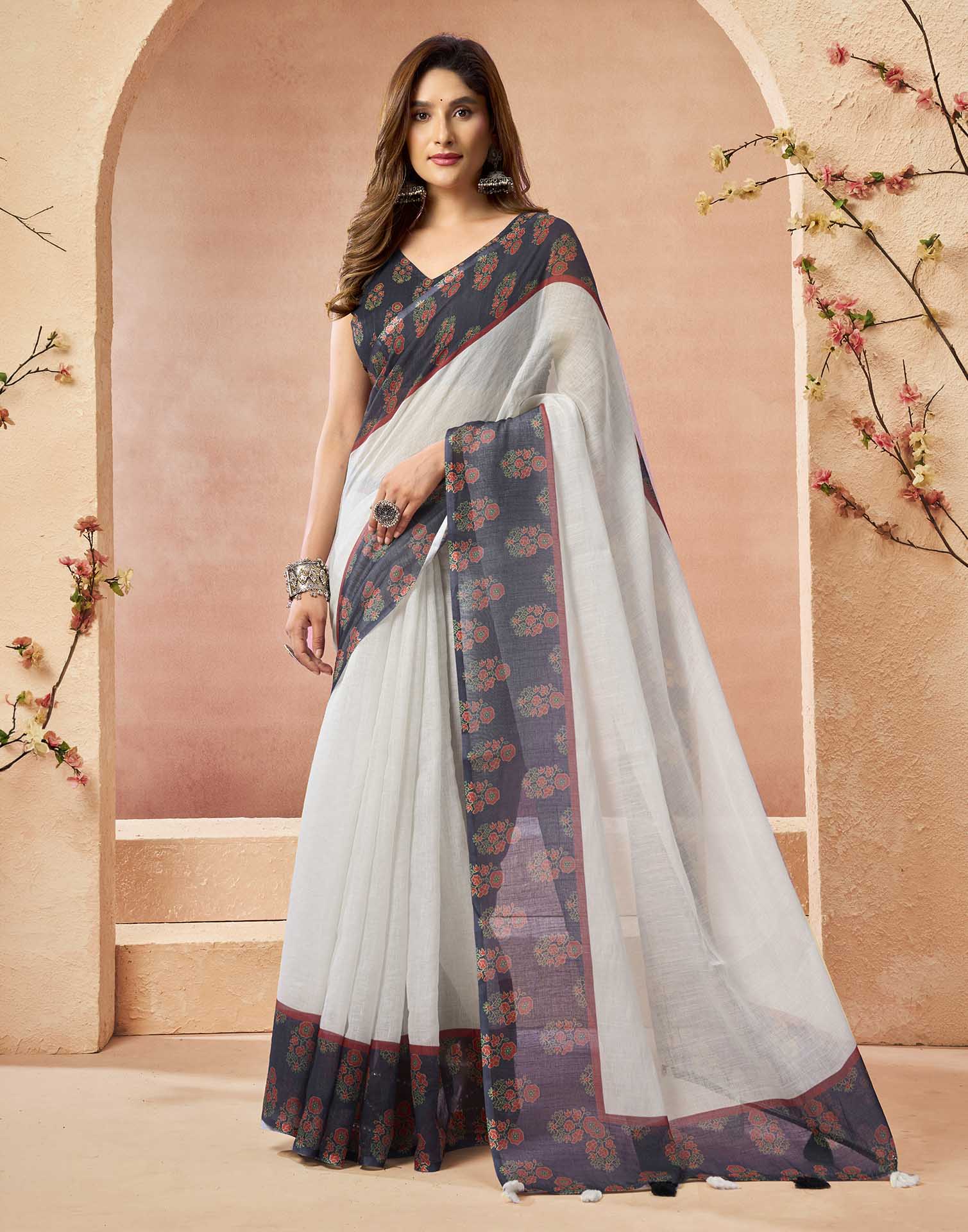 White Cotton Printed Printed Saree