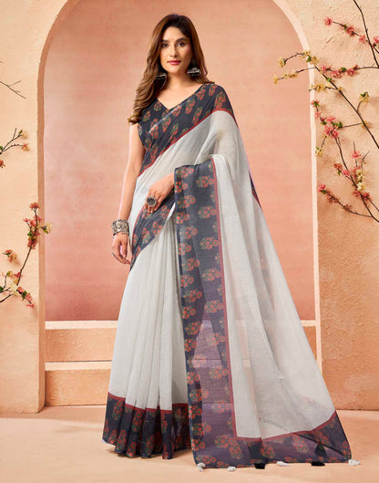 White Cotton Printed Printed Saree