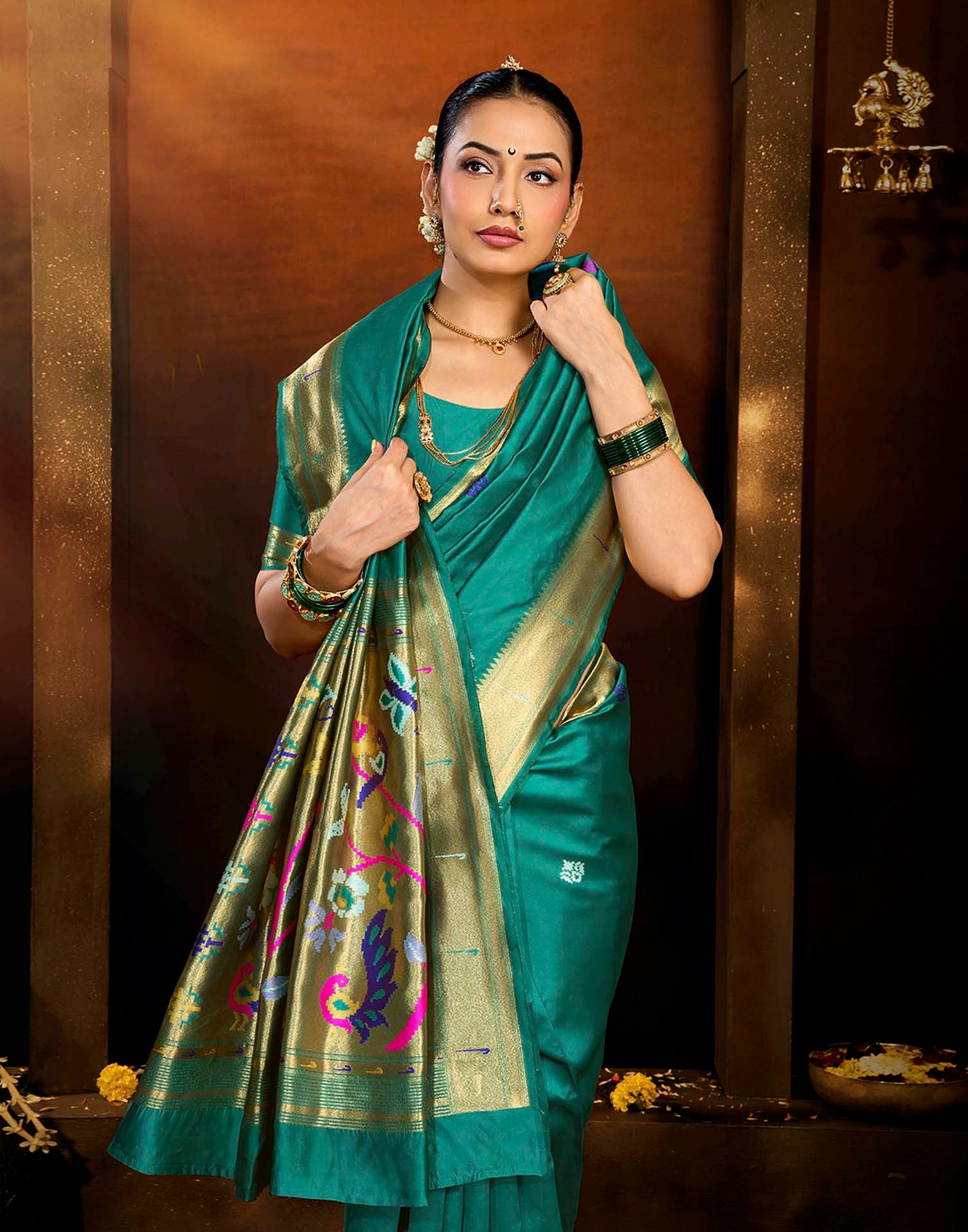 Turquoise Silk Woven Saree