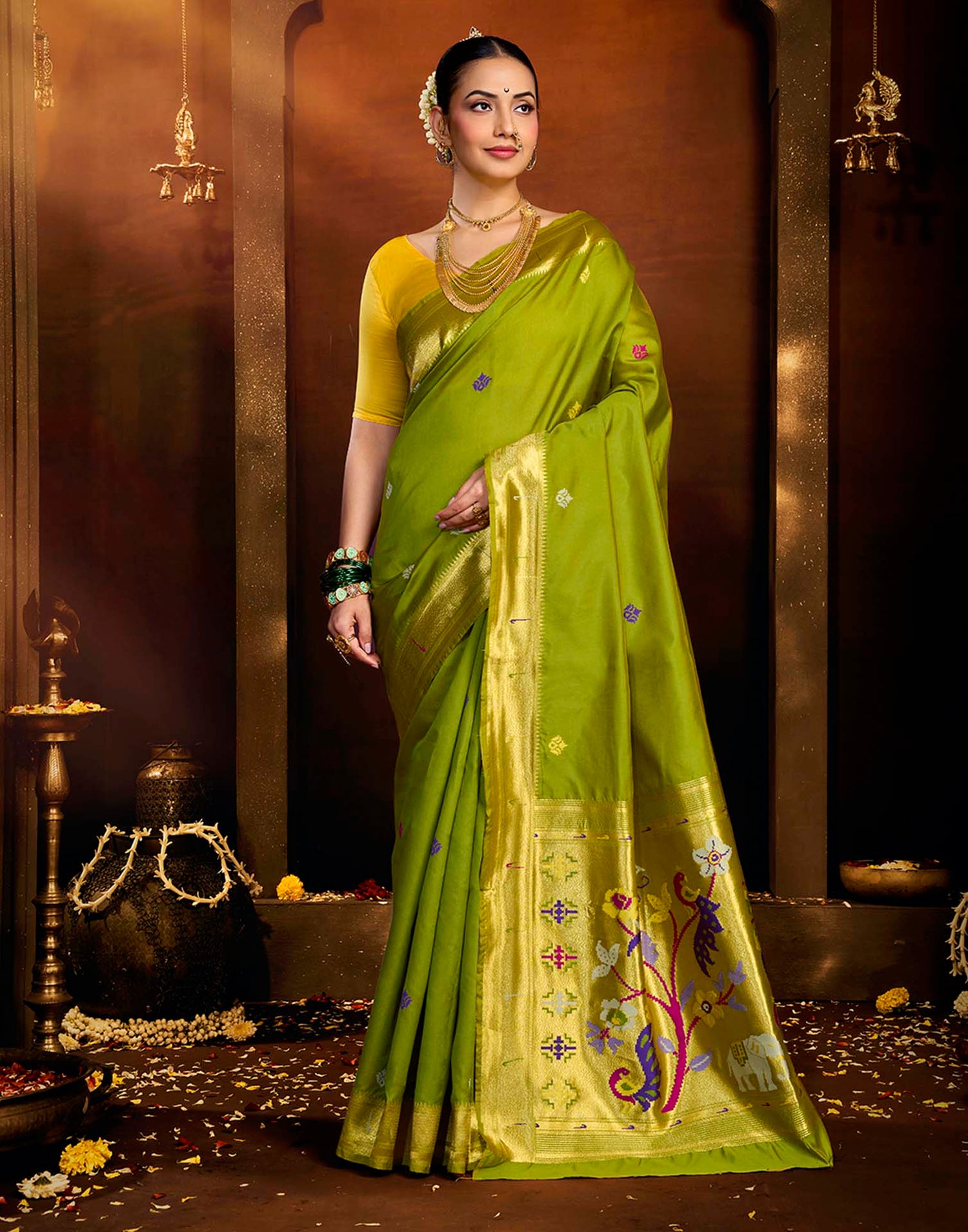 Parrot Green Silk Woven Paithani Saree