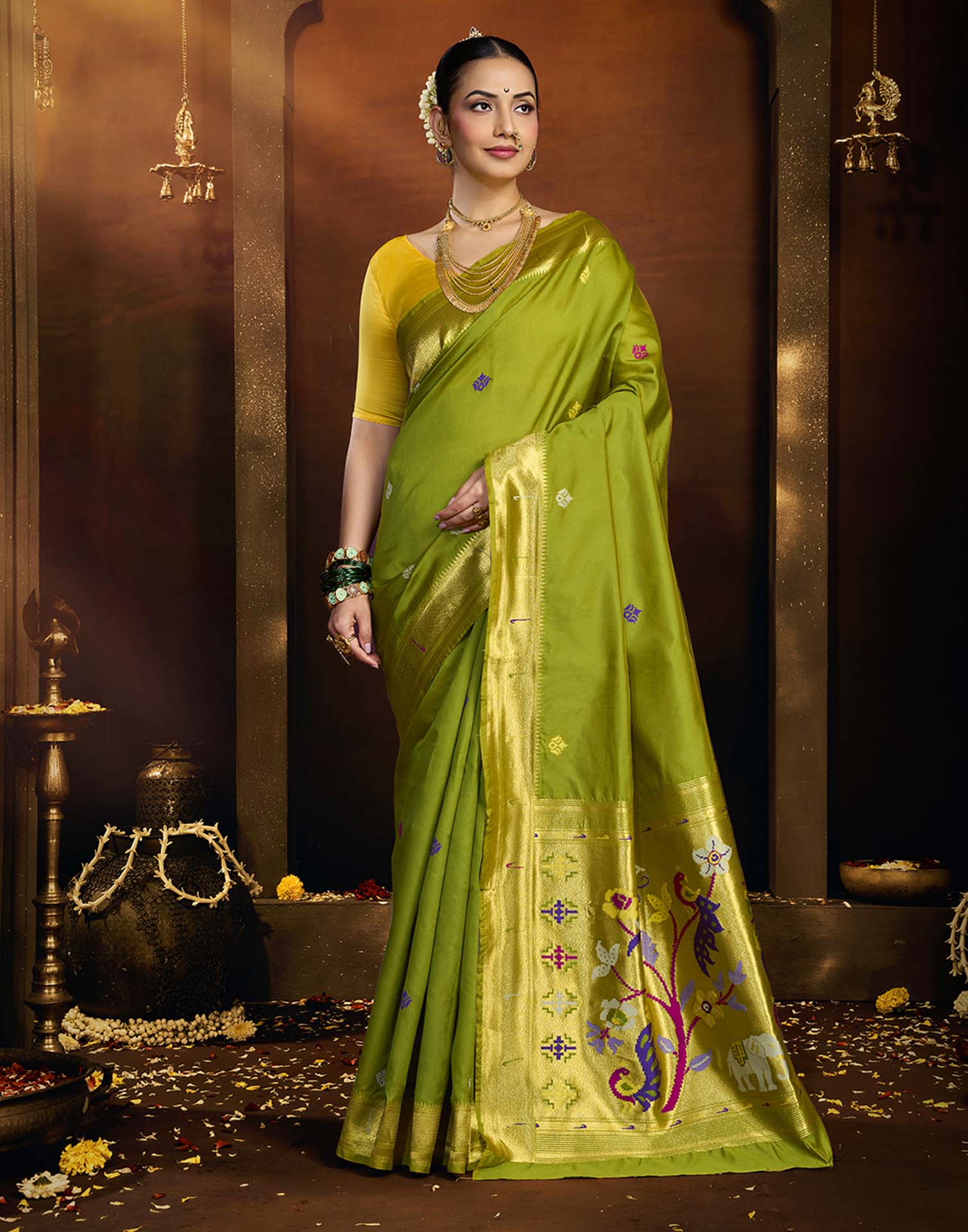 Parrot Green Silk Woven Paithani Saree