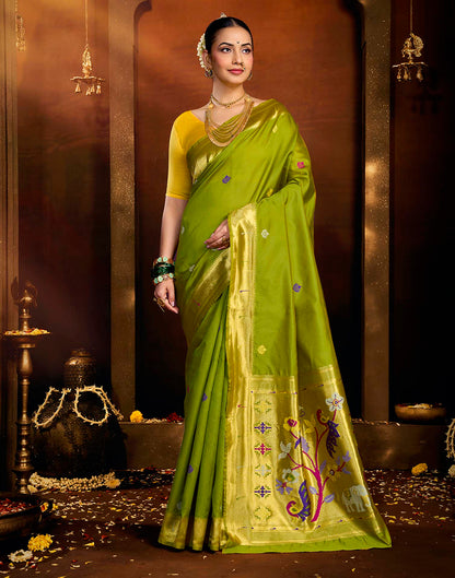 Parrot Green Silk Woven Paithani Saree