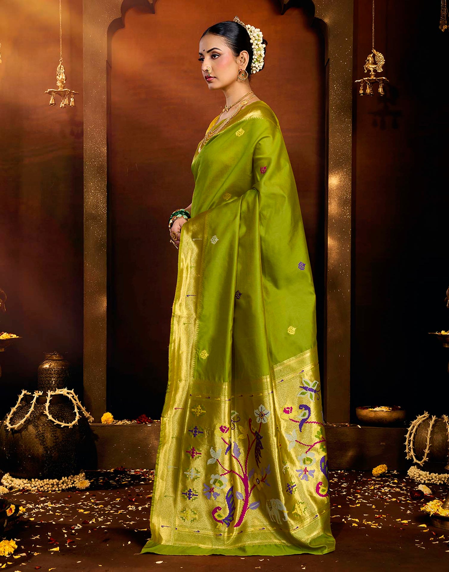 Parrot Green Silk Woven Paithani Saree