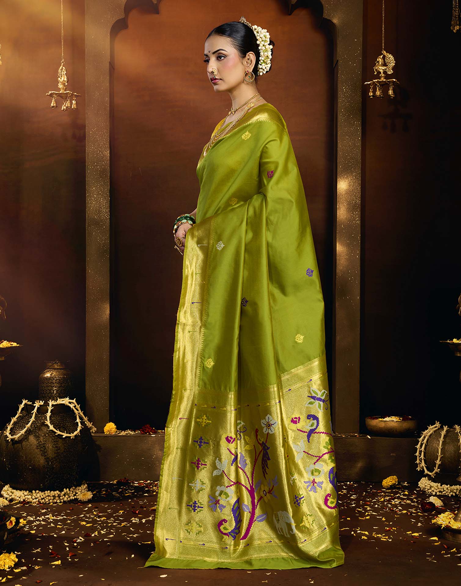 Parrot Green Silk Woven Paithani Saree