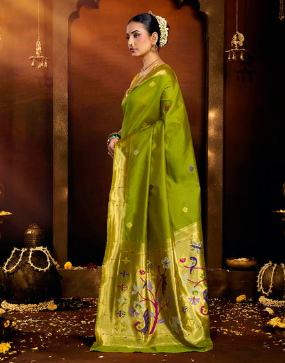 Parrot Green Silk Woven Paithani Saree