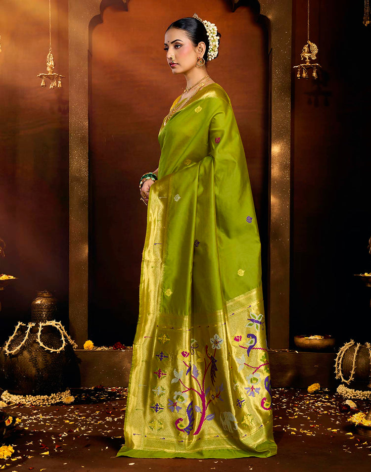 Parrot Green Silk Woven Paithani Saree