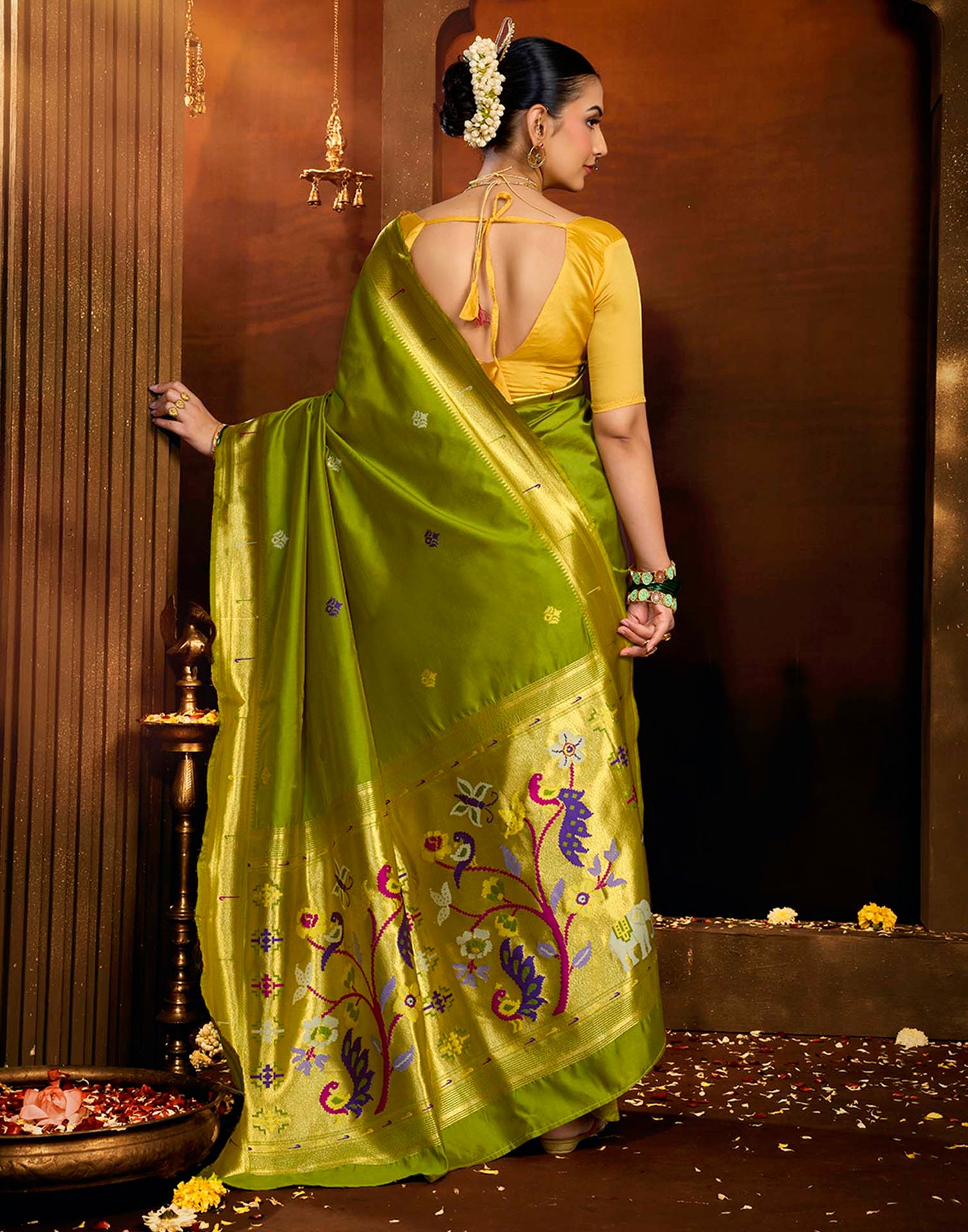 Parrot Green Silk Woven Paithani Saree