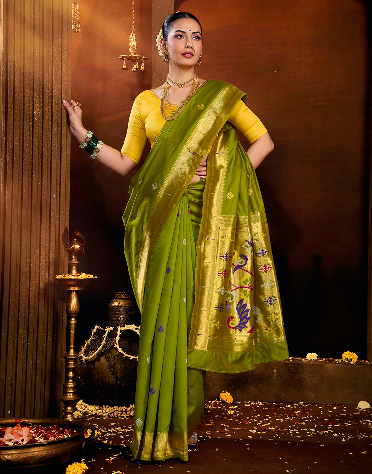 Parrot Green Silk Woven Paithani Saree