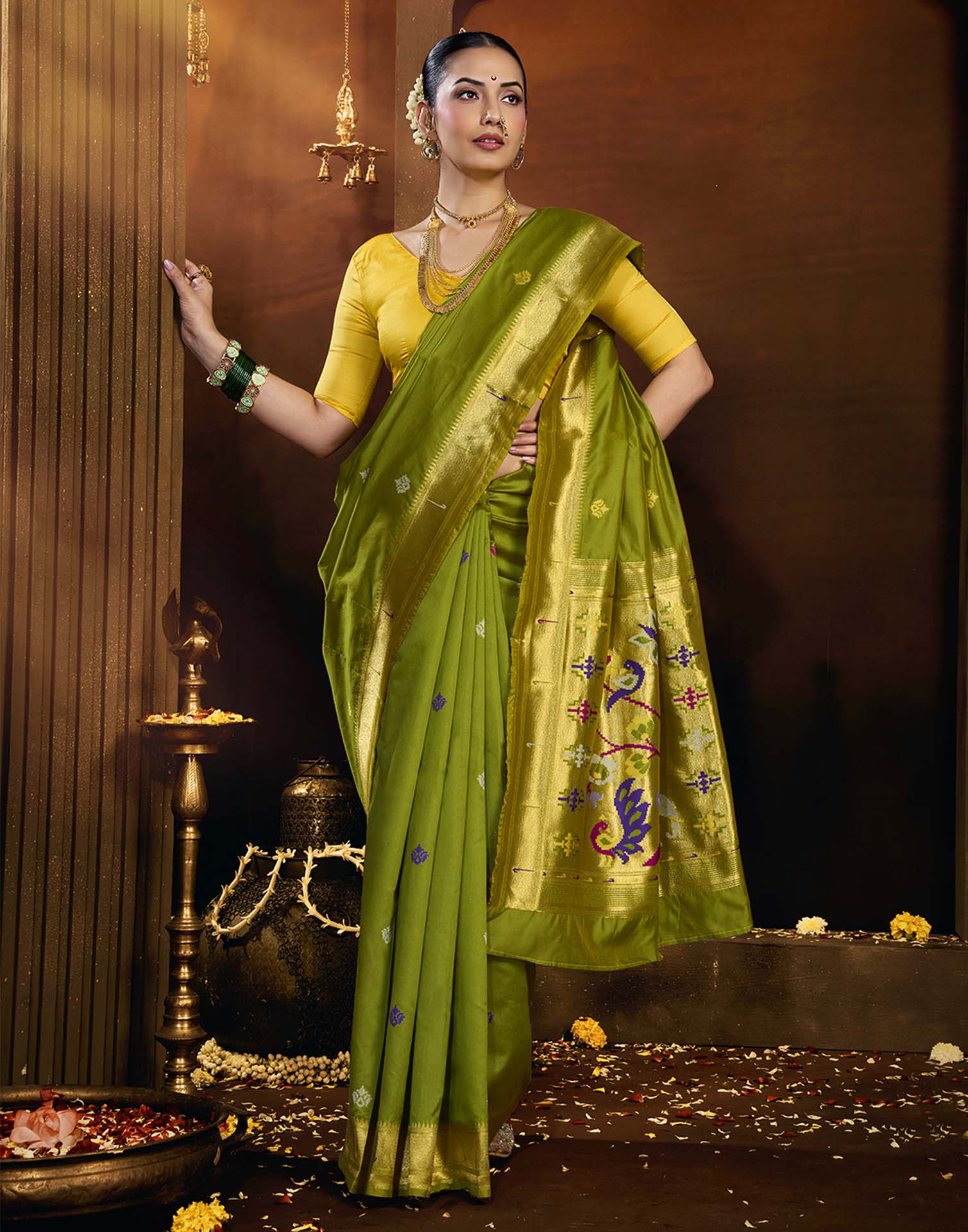 Parrot Green Silk Woven Paithani Saree