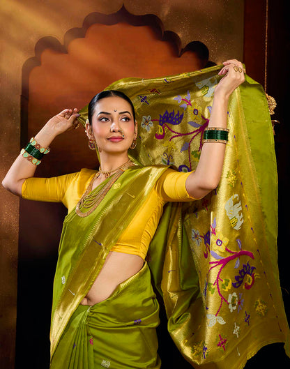 Parrot Green Silk Woven Paithani Saree