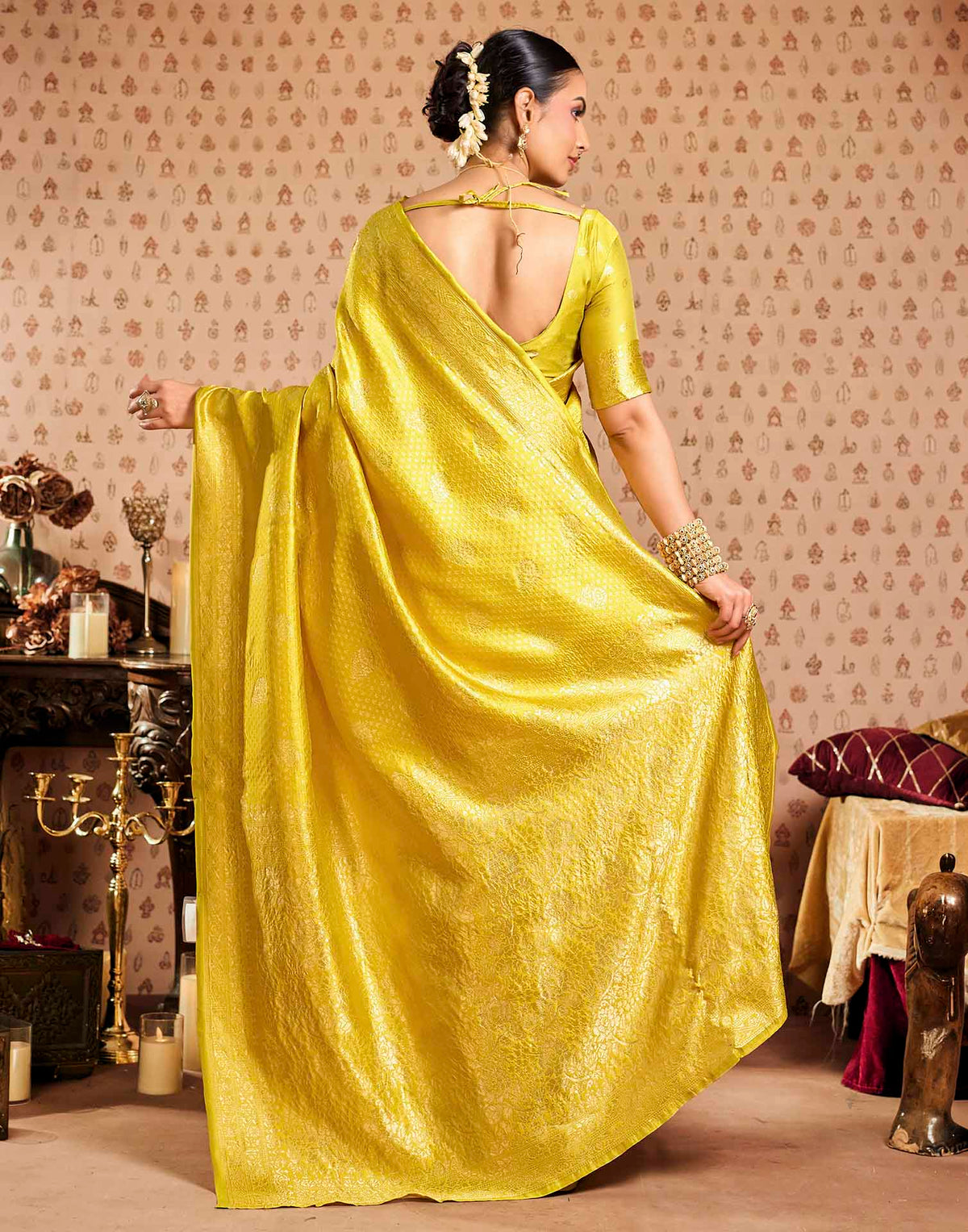 Lime Yellow Silk Woven Banarasi Saree