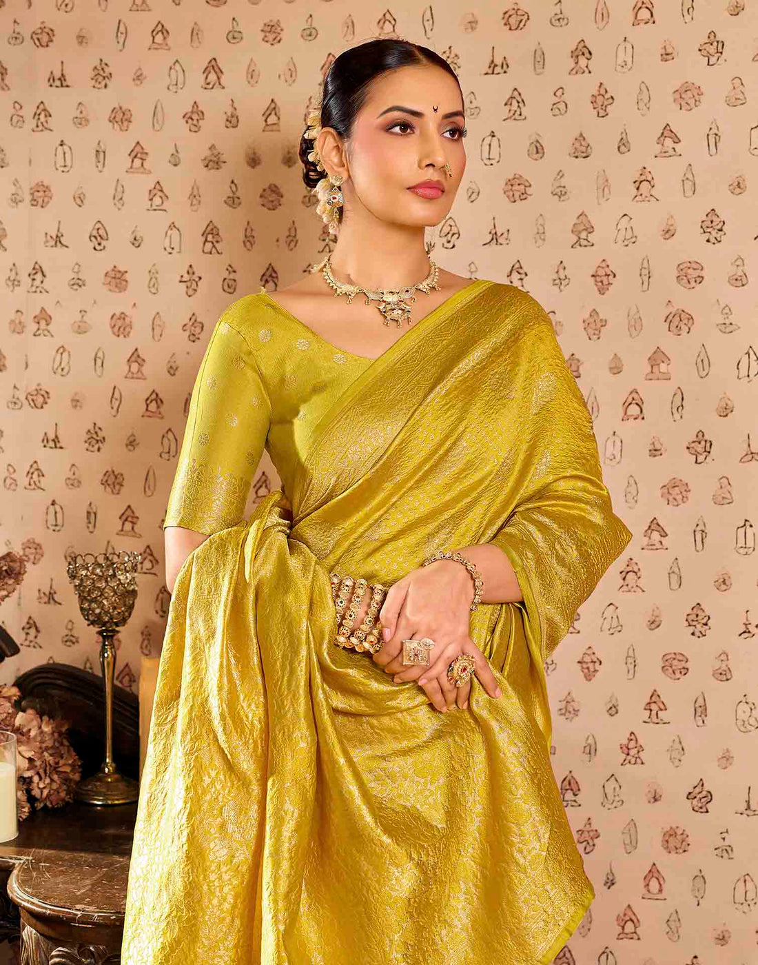 Lime Yellow Silk Woven Banarasi Saree