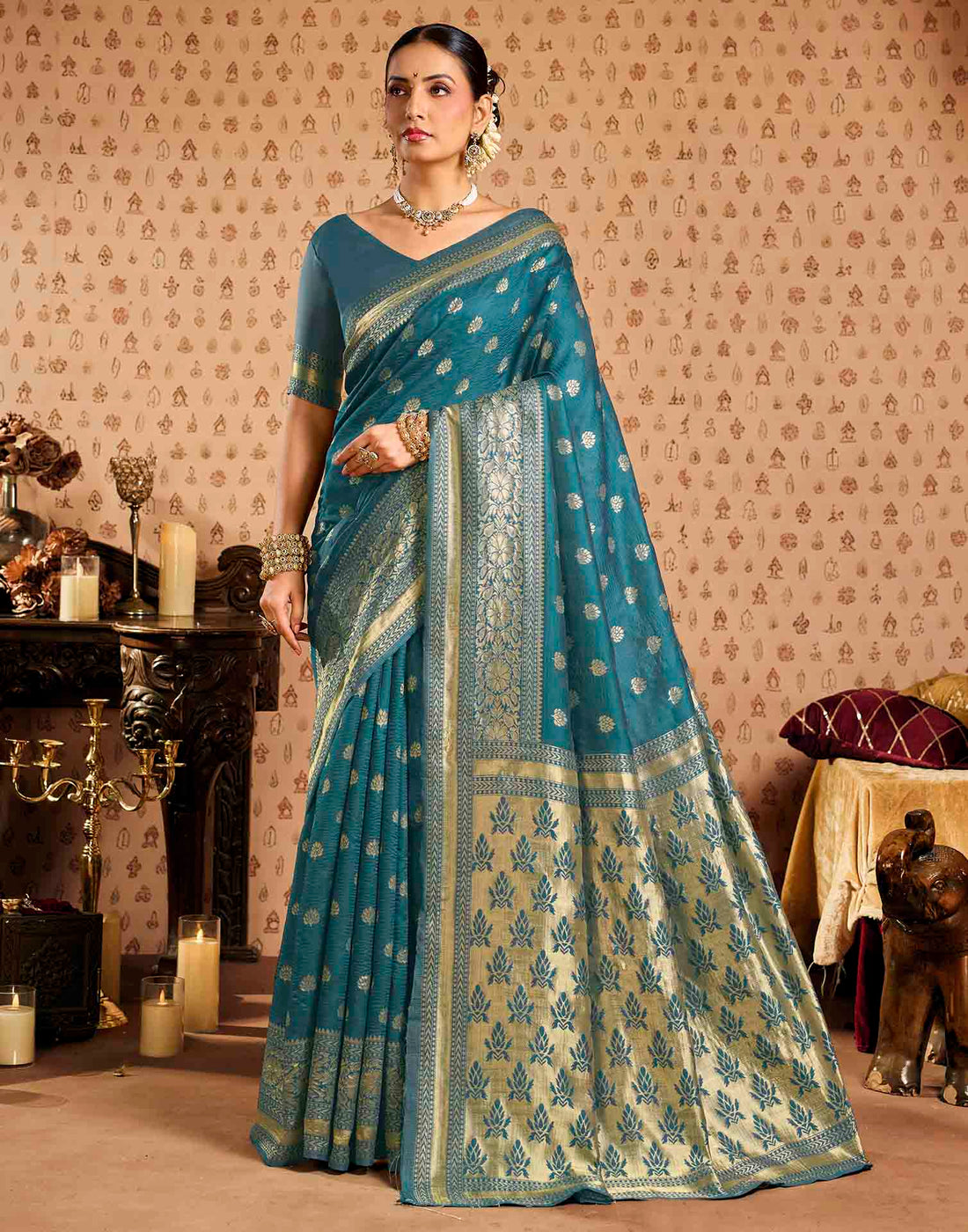 Teal Blue Silk Woven Banarasi Saree
