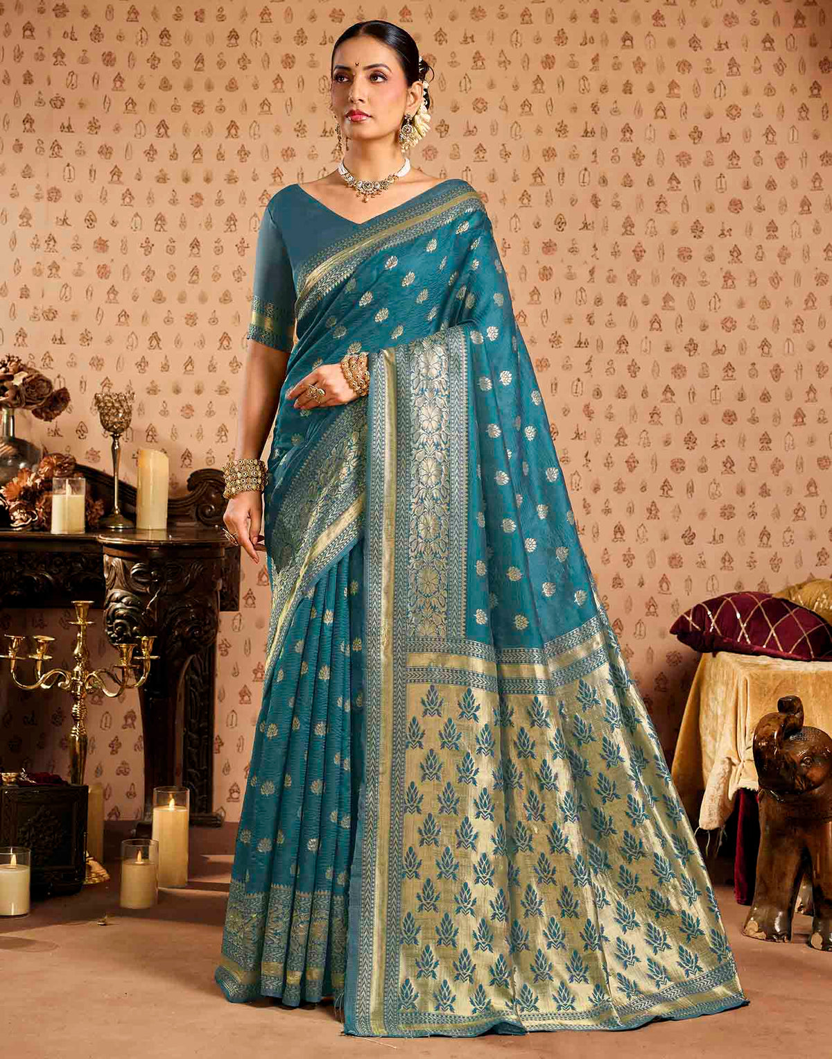 Teal Blue Silk Woven Banarasi Saree