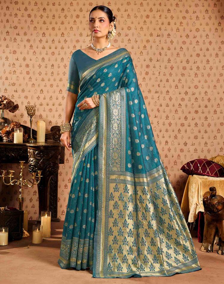 Teal Blue Silk Woven Banarasi Saree