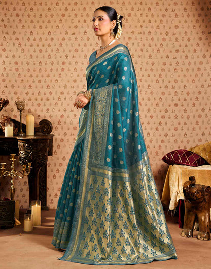 Teal Blue Silk Woven Banarasi Saree