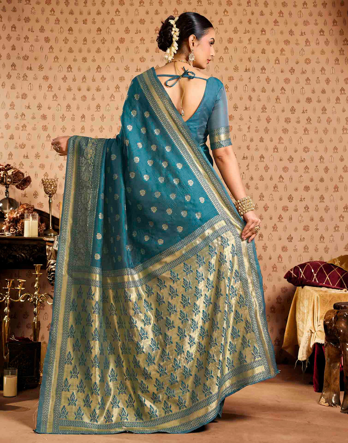 Teal Blue Silk Woven Banarasi Saree