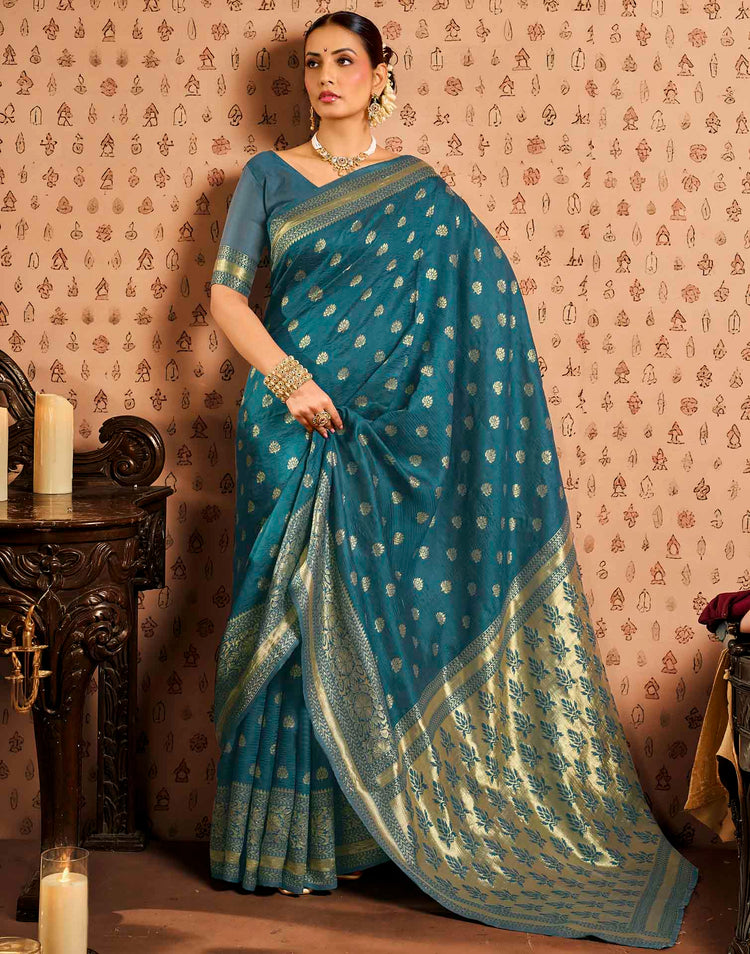 Teal Blue Silk Woven Banarasi Saree