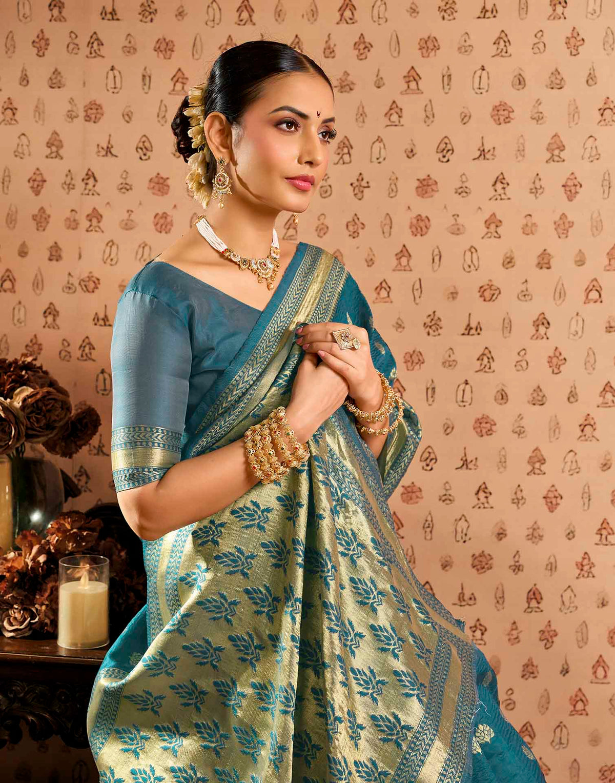 Teal Blue Silk Woven Banarasi Saree