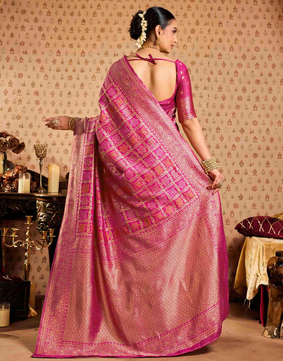 Pink Silk Printed Bandhani Saree