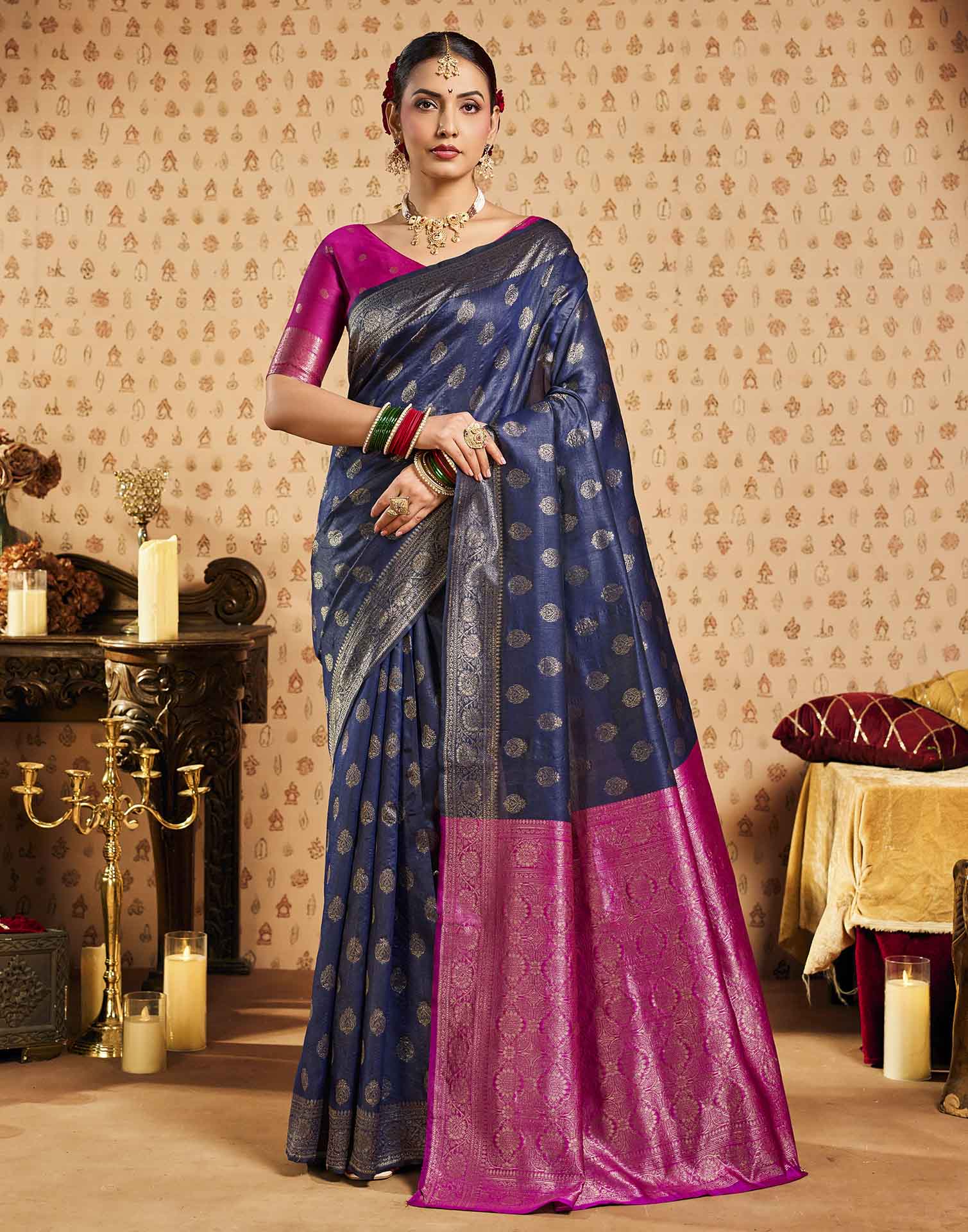 Navy Blue Silk Woven Banarasi Saree