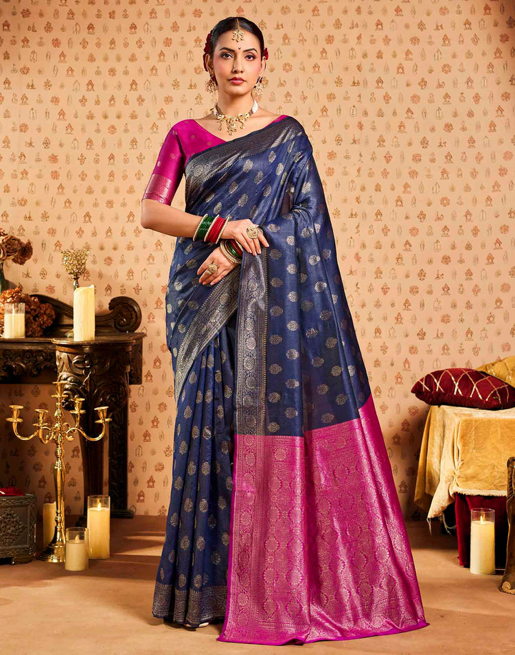 Navy Blue Silk Woven Banarasi Saree