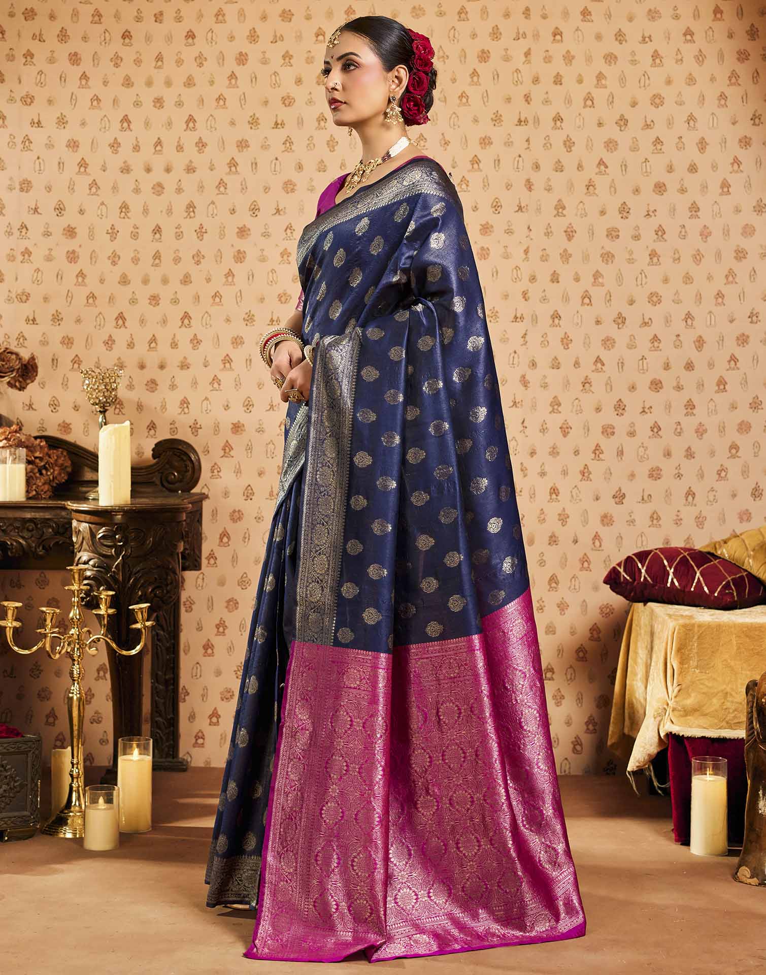 Navy Blue Silk Woven Banarasi Saree