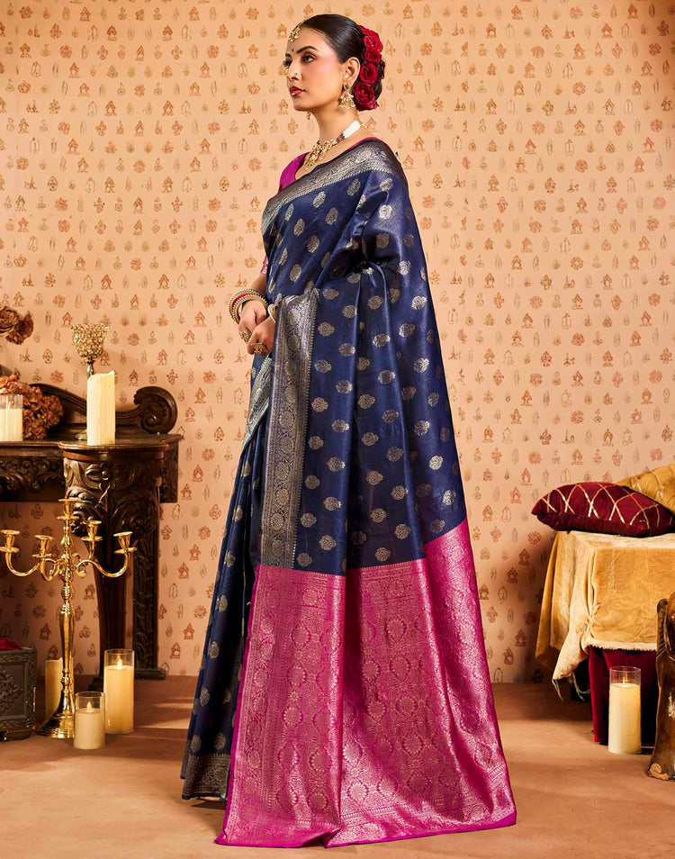 Navy Blue Silk Woven Banarasi Saree
