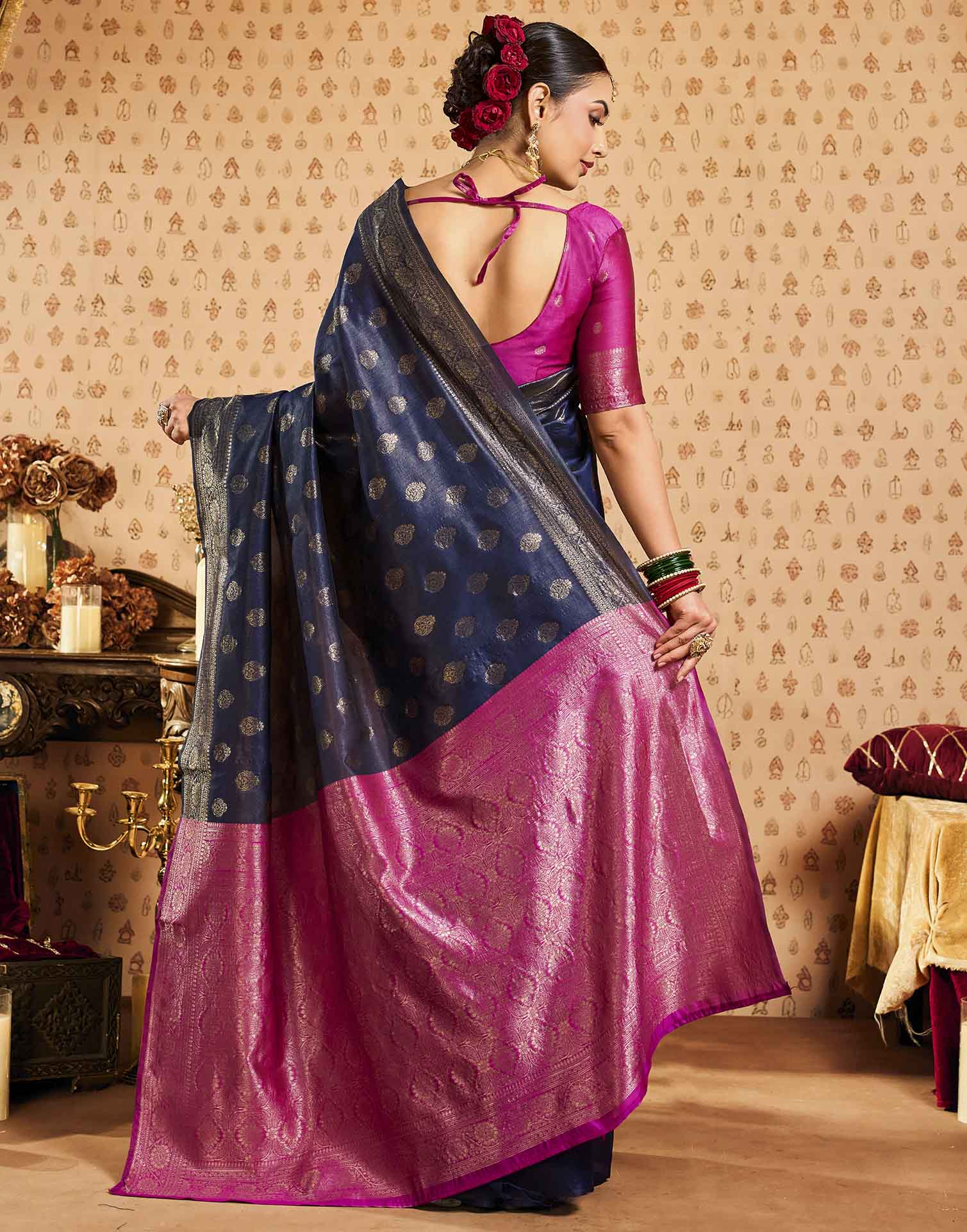 Navy Blue Silk Woven Banarasi Saree