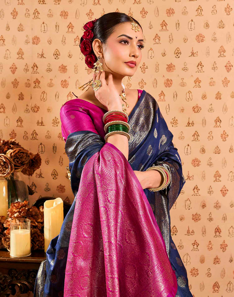Navy Blue Silk Woven Banarasi Saree