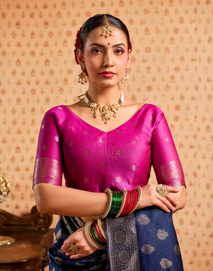 Navy Blue Silk Woven Banarasi Saree
