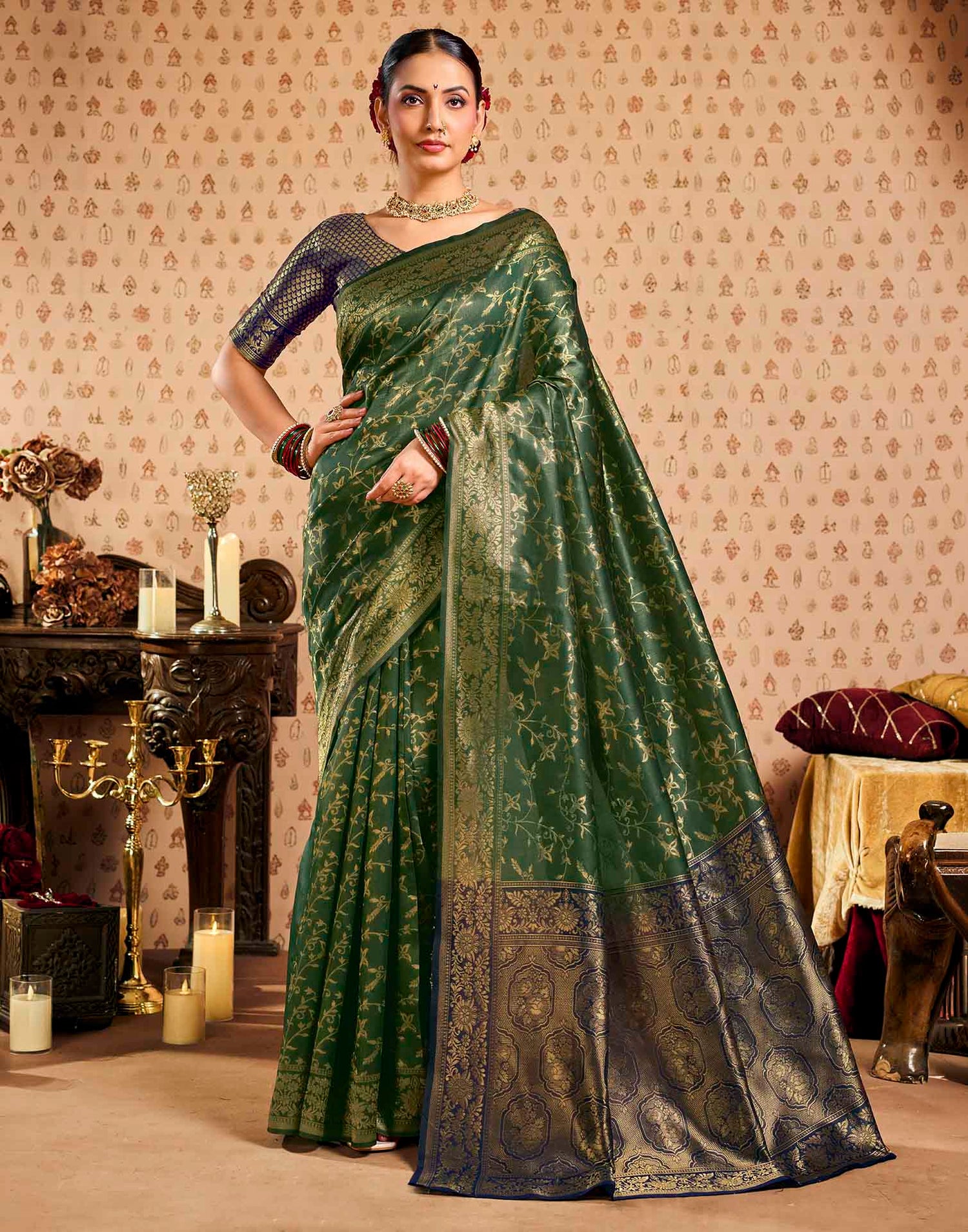 Green,Blue Silk Woven Banarasi Saree