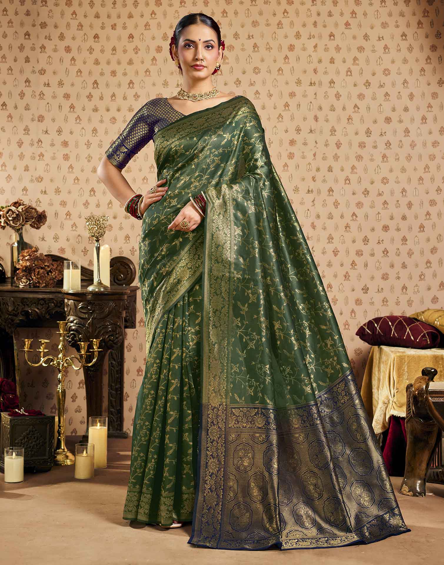 Green,Blue Silk Woven Banarasi Saree