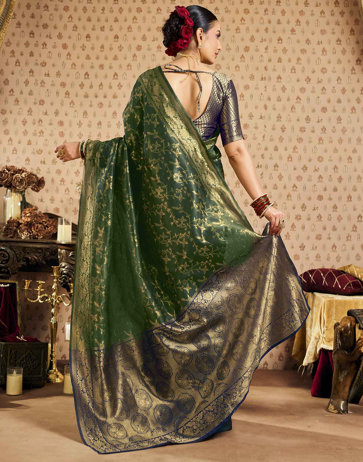 Green,Blue Silk Woven Banarasi Saree