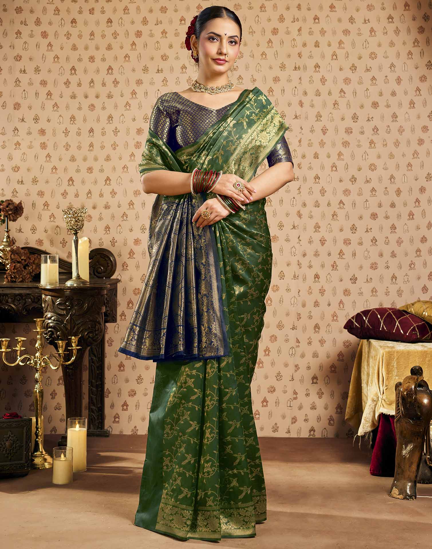 Green,Blue Silk Woven Banarasi Saree