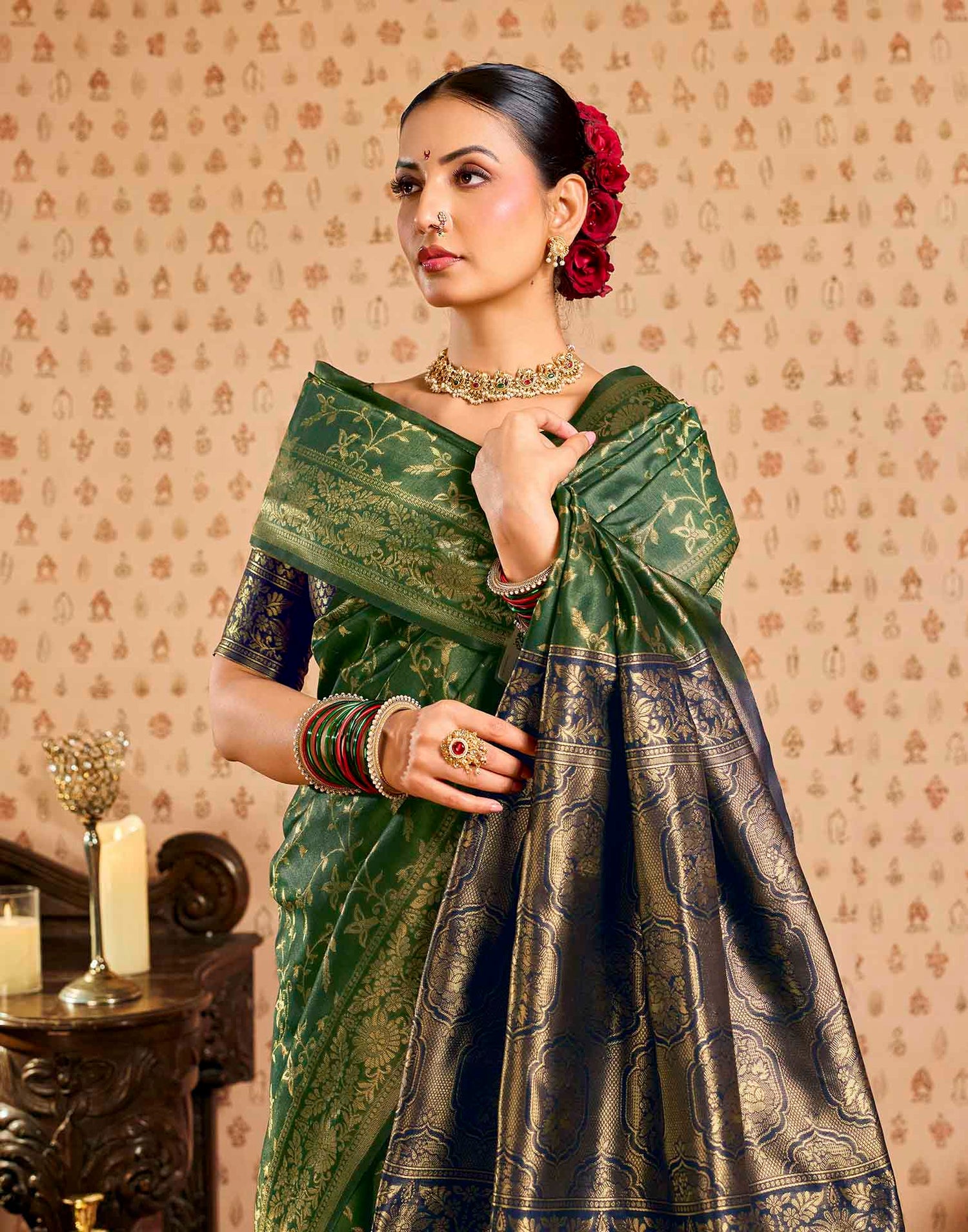 Green,Blue Silk Woven Banarasi Saree
