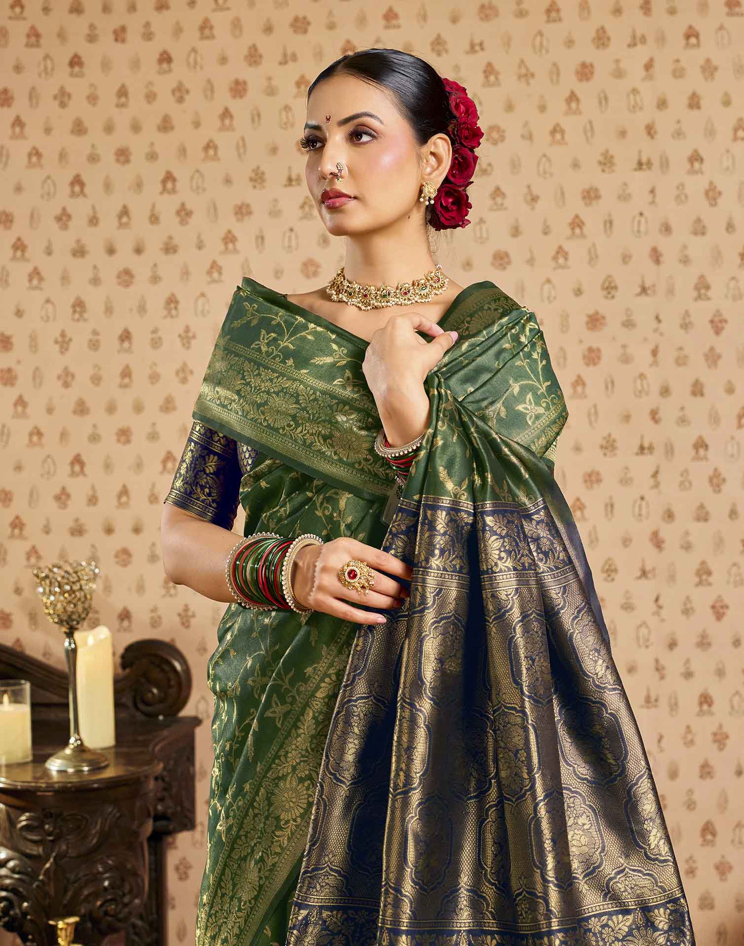 Green,Blue Silk Woven Banarasi Saree