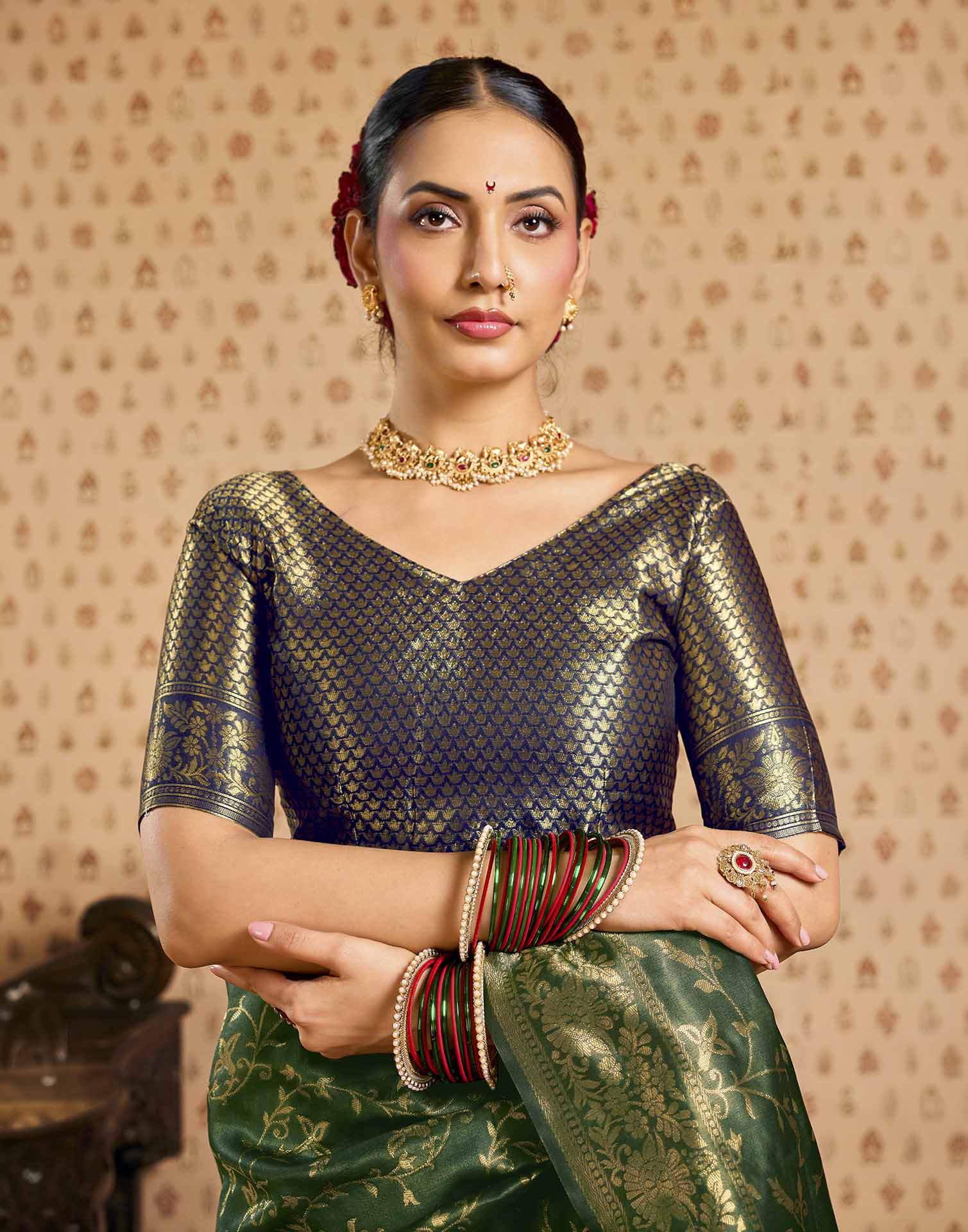 Green,Blue Silk Woven Banarasi Saree