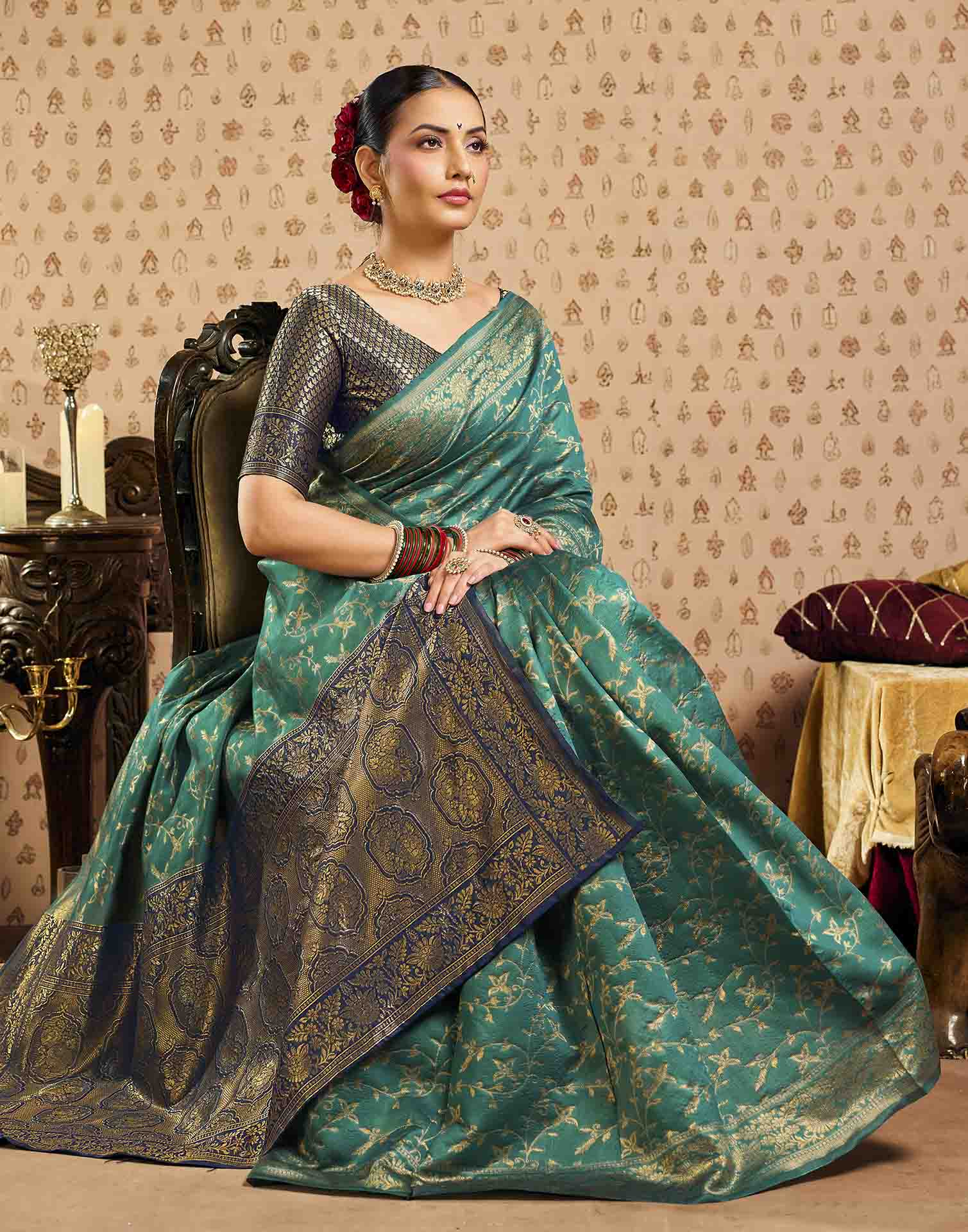Sku Blue,Blue Silk Woven Banarasi Saree