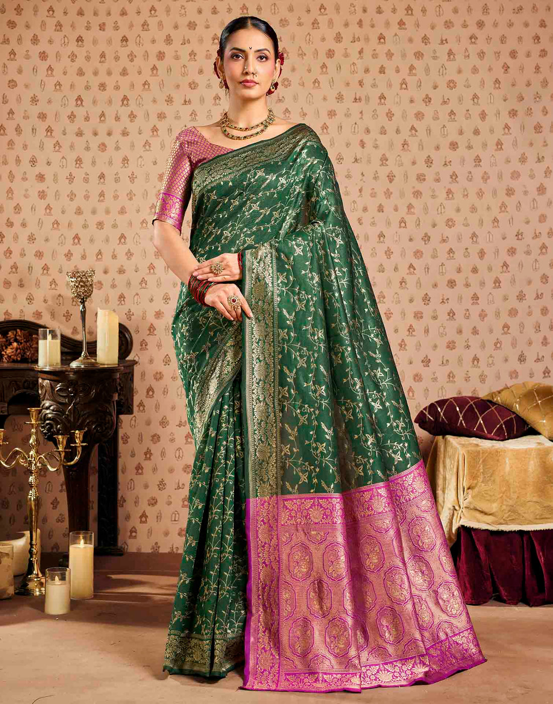 Green,Pink Silk Woven Banarasi Saree