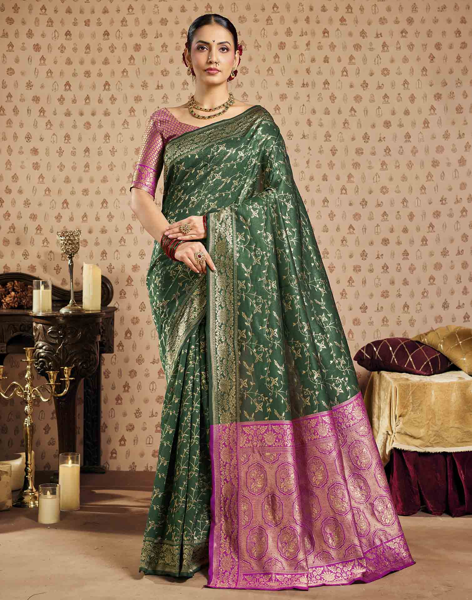 Green,Pink Silk Woven Banarasi Saree