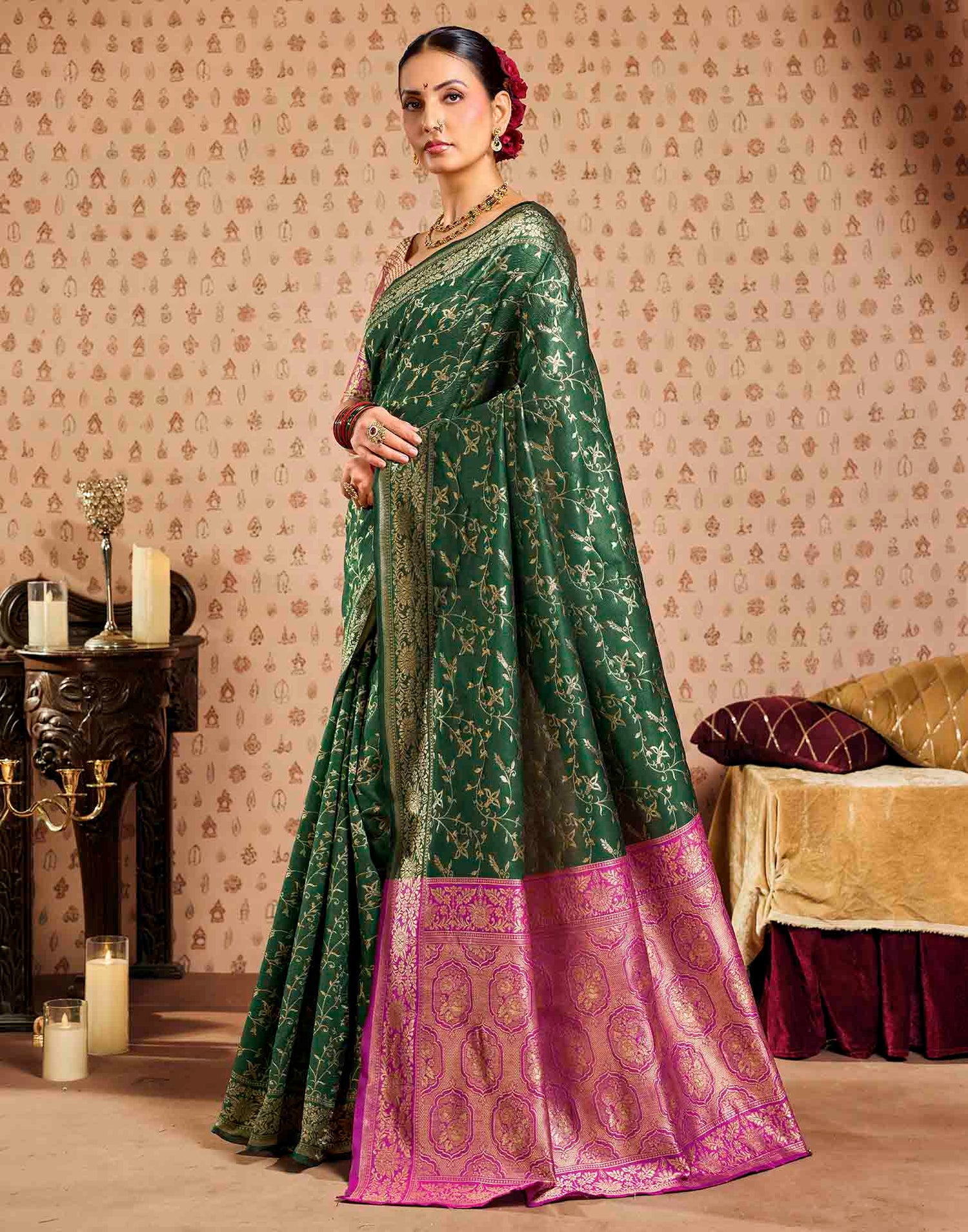 Green,Pink Silk Woven Banarasi Saree