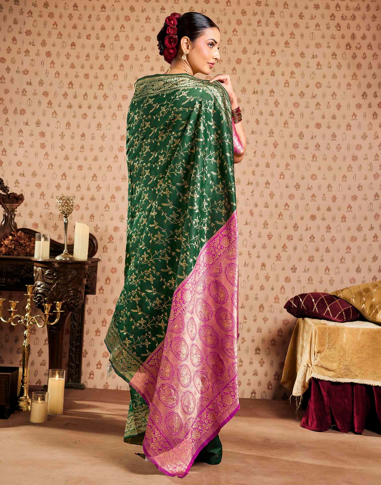 Green,Pink Silk Woven Banarasi Saree