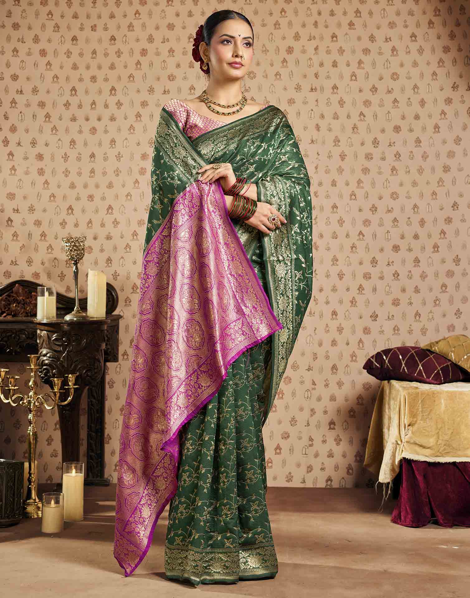 Green,Pink Silk Woven Banarasi Saree