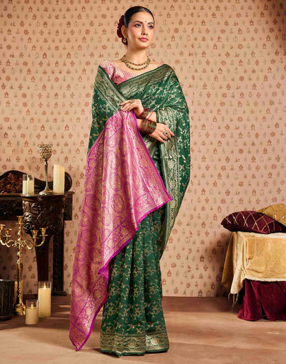 Green,Pink Silk Woven Banarasi Saree