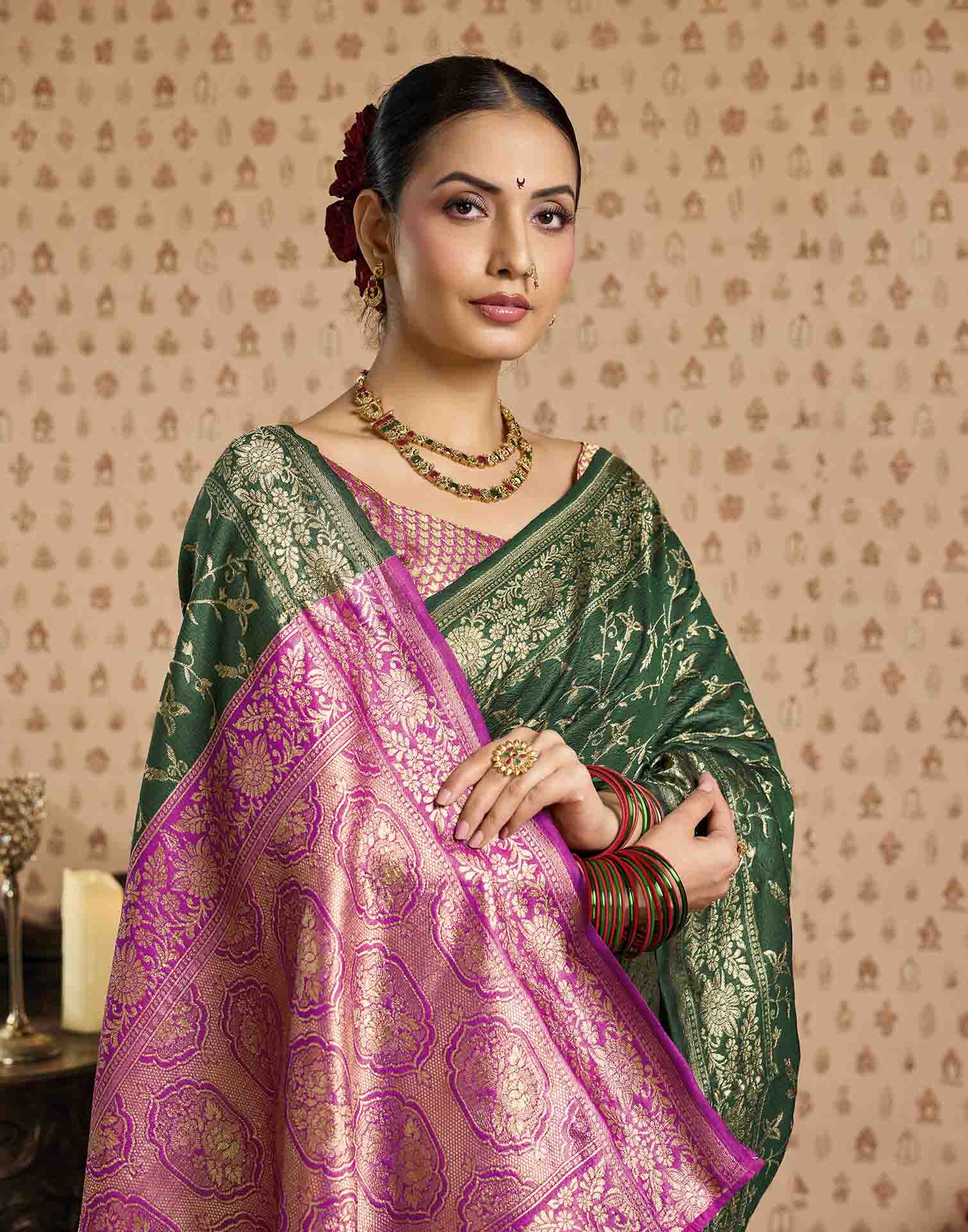 Green,Pink Silk Woven Banarasi Saree