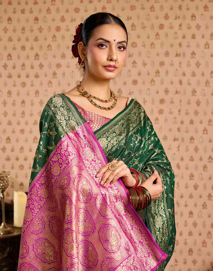 Green,Pink Silk Woven Banarasi Saree