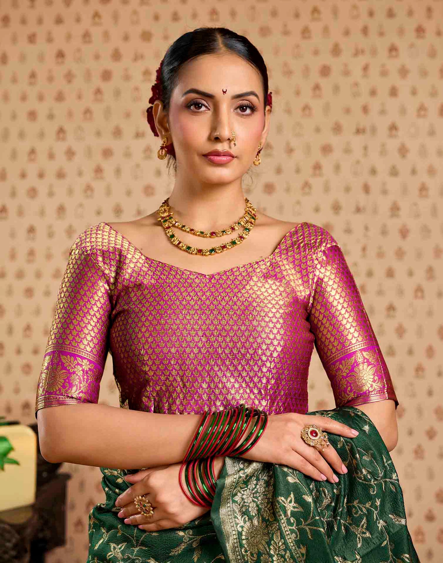 Green,Pink Silk Woven Banarasi Saree