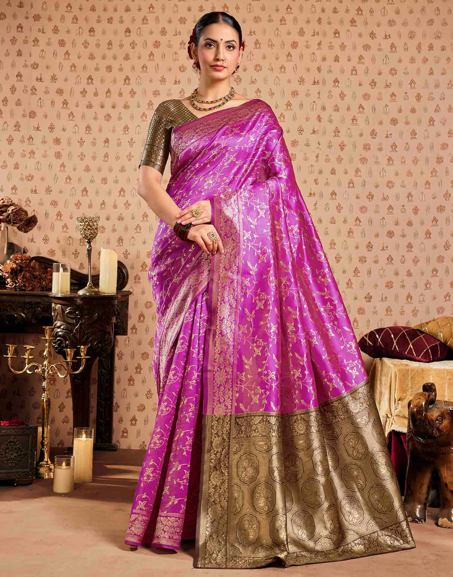 Pink,Brown Silk Woven Banarasi Saree
